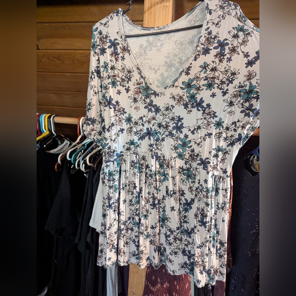 Torrid Super Soft Floral V-Neck Blouse in Cream and Blue Size 2
